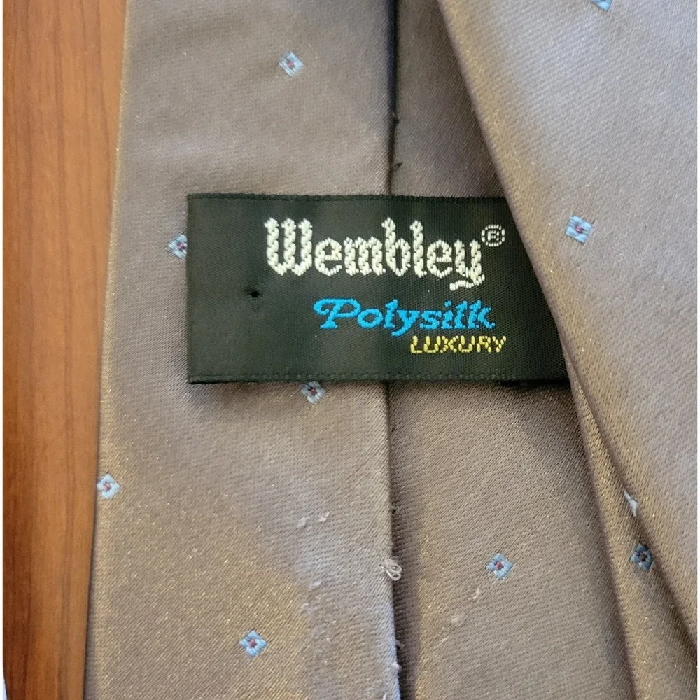 Vintage Wembley Gold Brown Satin Necktie‎ Subtle Diamond Dot Pattern Lot Of 2